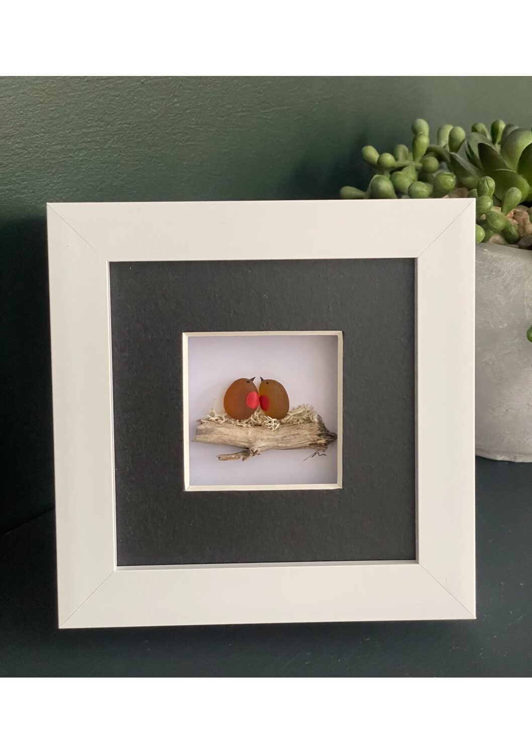 Pair of Sea Glass Robins In Nest 4x4" frame