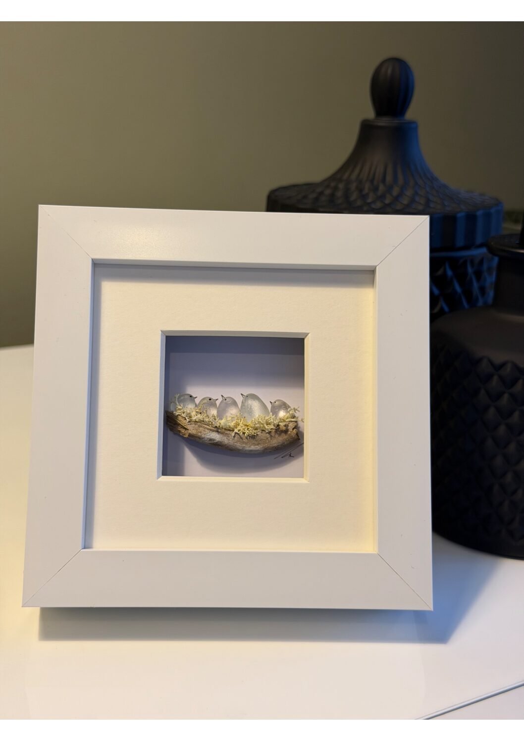 4x4" 5 Sea Glass Birds in Nest Frame