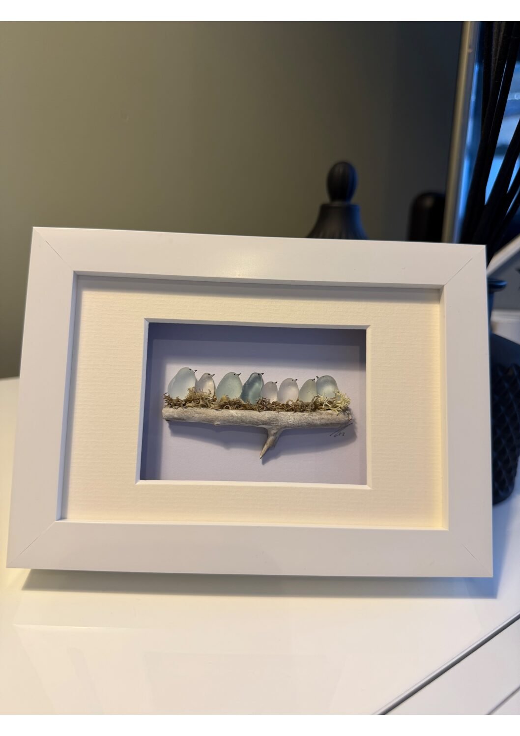 6x4" Sea Glass Birds in nest Frame cream mount