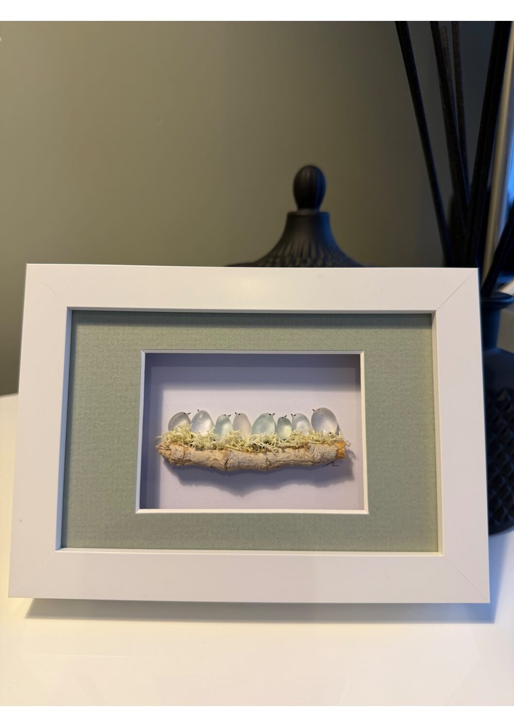 6x4" sea glass birds in nest with green mount