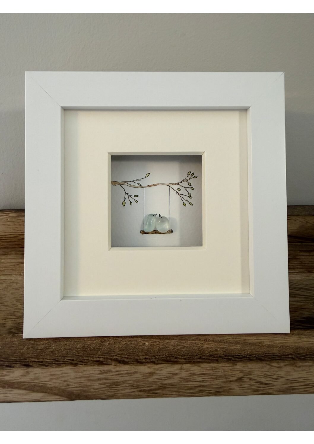 4x4" White Framed Sea Glass Birds on Swing