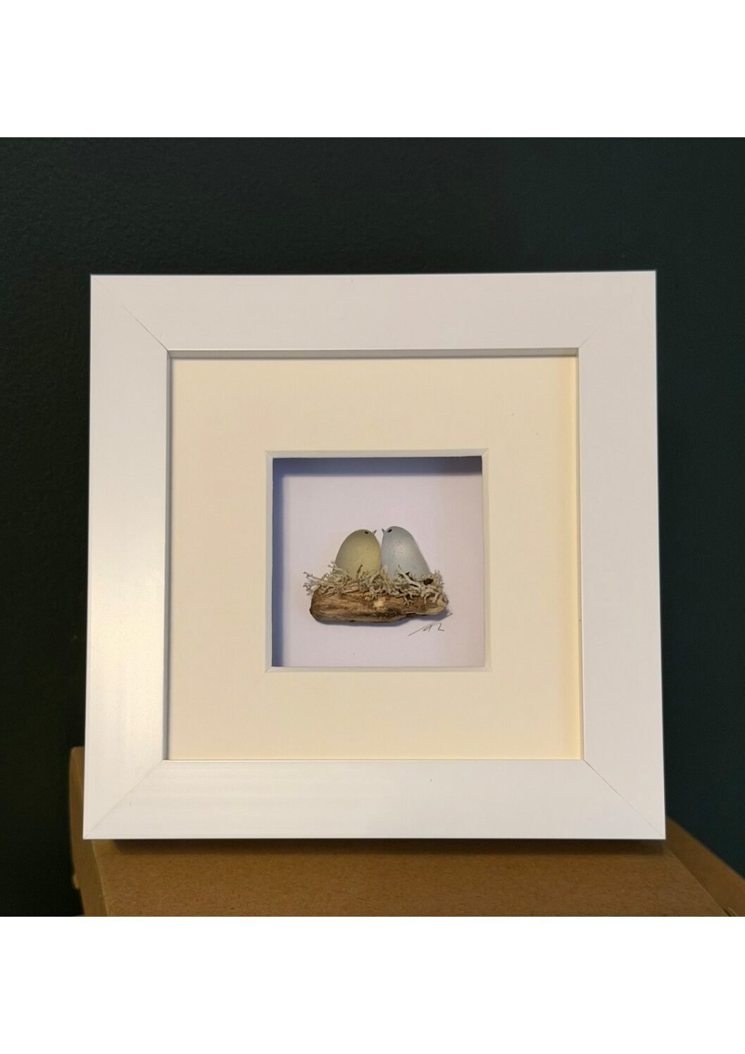 4x4" Pair Of Seaglass Birds In Nest